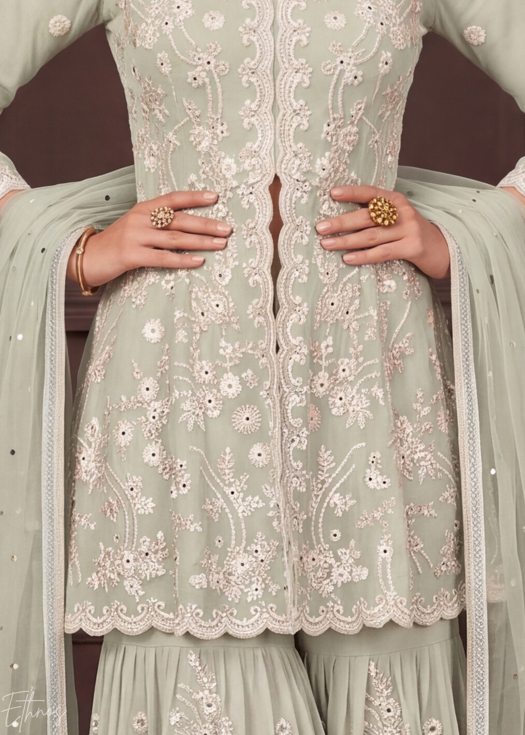 Alabaster White Radiant Blossom Georgette Peplum Sharara Suit
