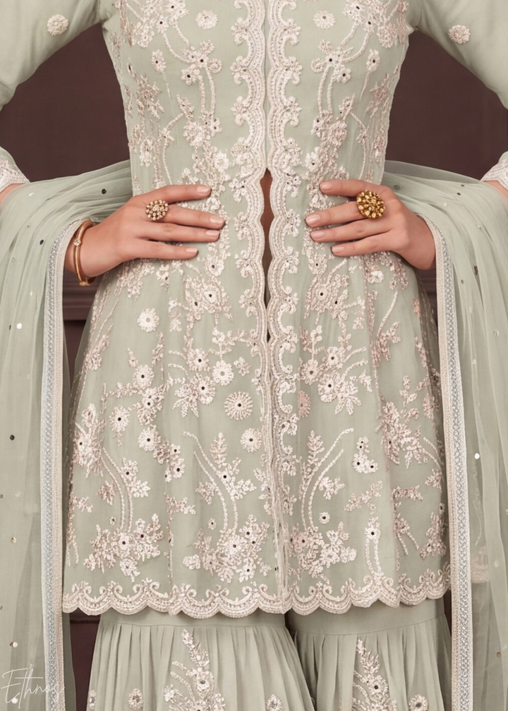 Alabaster White Radiant Blossom Georgette Peplum Sharara Suit