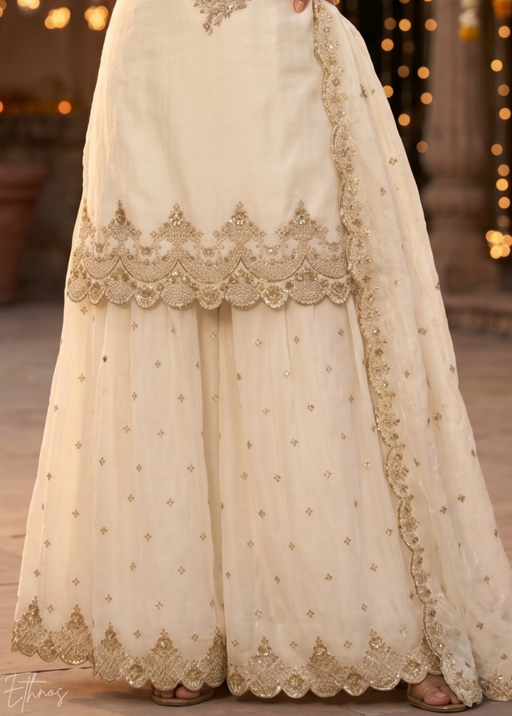 Alabaster White Regal-Embroidered Silk Sharara Suit