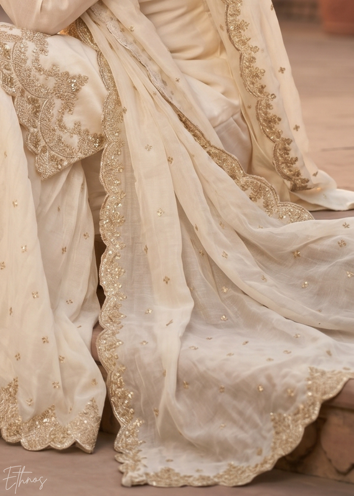 Alabaster White Regal-Embroidered Silk Sharara Suit