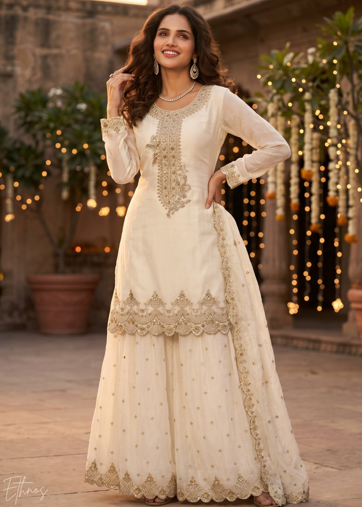 Alabaster White Regal-Embroidered Silk Sharara Suit