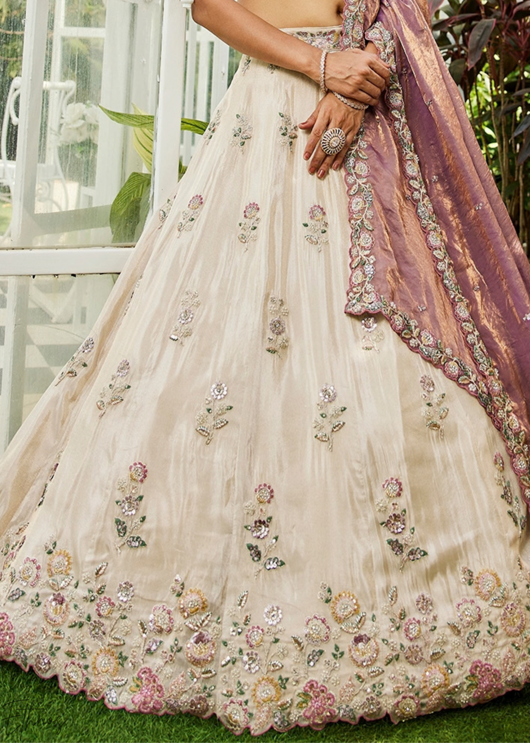 Alabaster White & French Rose Artisan Flora Medallion Tissue Lehenga
