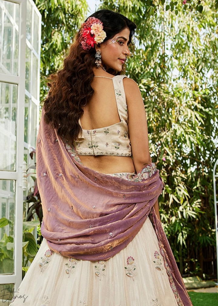 Alabaster White & French Rose Artisan Flora Medallion Tissue Lehenga