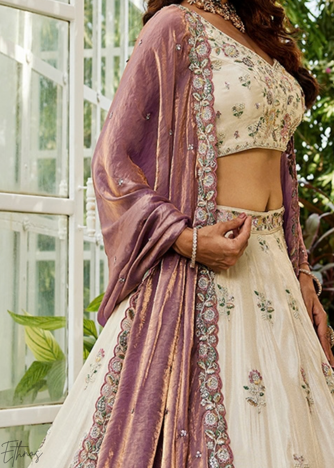 Alabaster White & French Rose Artisan Flora Medallion Tissue Lehenga