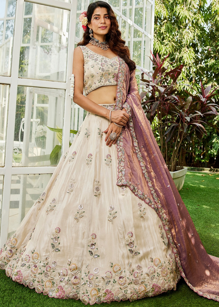 Alabaster White & French Rose Artisan Flora Medallion Tissue Lehenga