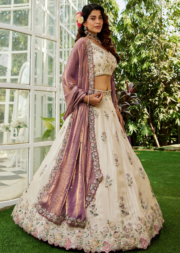 Alabaster White & French Rose Artisan Flora Medallion Tissue Lehenga