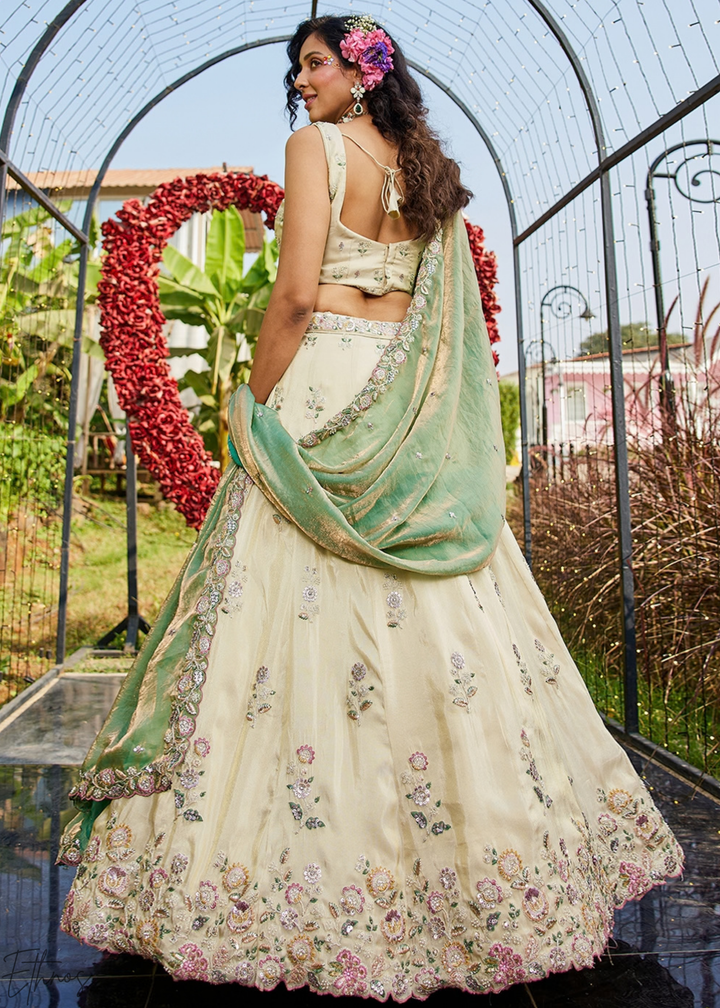 Alabaster White and Meadow Jade Artisan Flora Medallion Tissue Lehenga