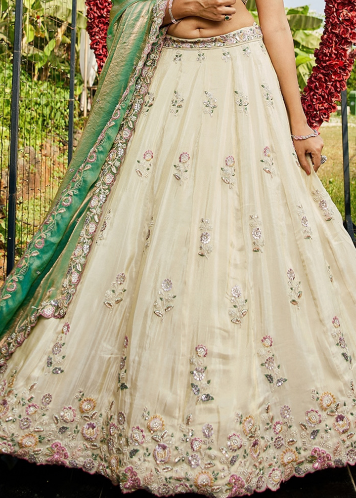 Alabaster White and Meadow Jade Artisan Flora Medallion Tissue Lehenga
