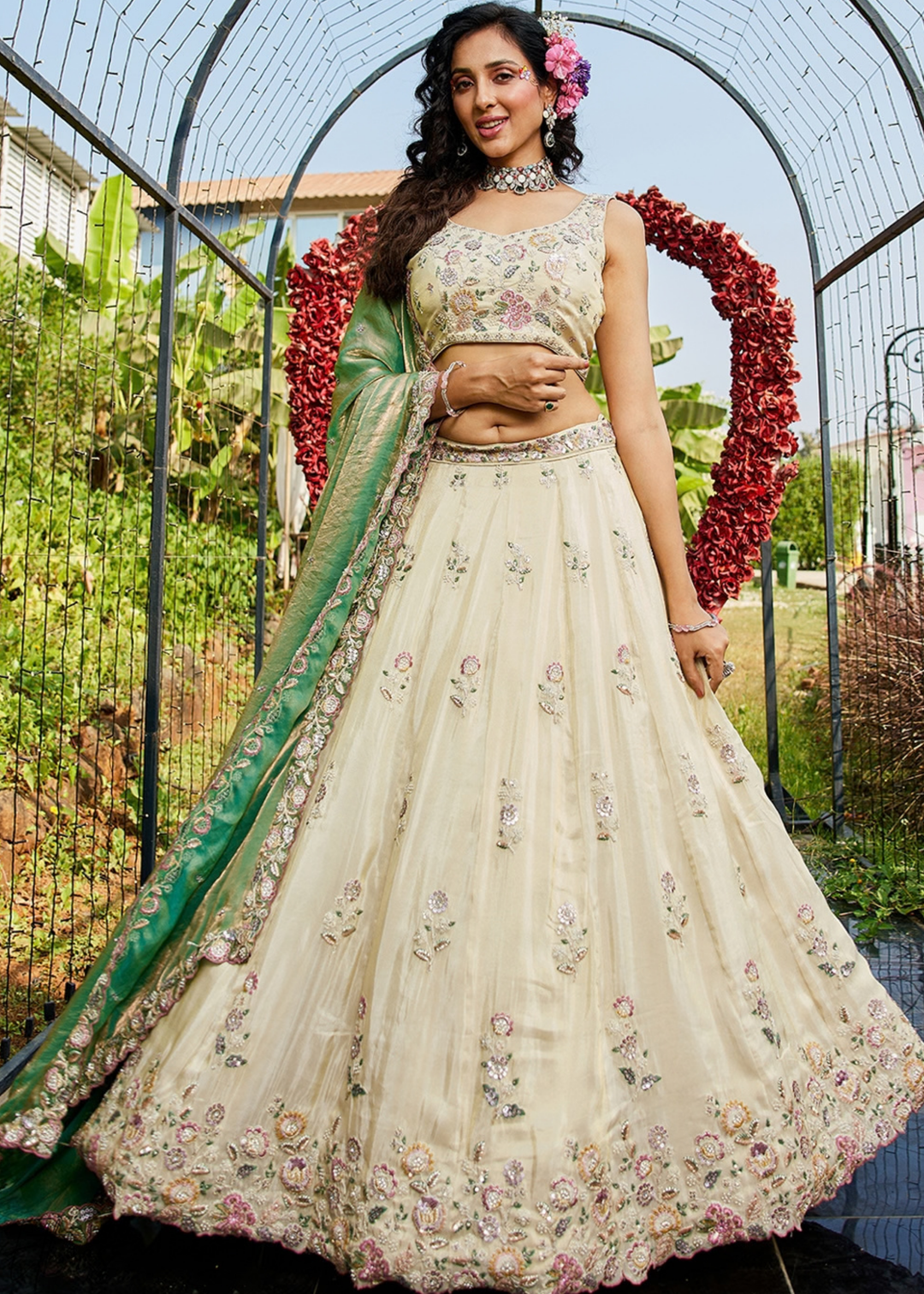 Alabaster White and Meadow Jade Artisan Flora Medallion Tissue Lehenga