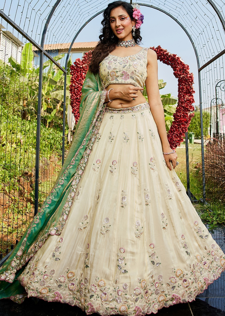 Alabaster White and Meadow Jade Artisan Flora Medallion Tissue Lehenga