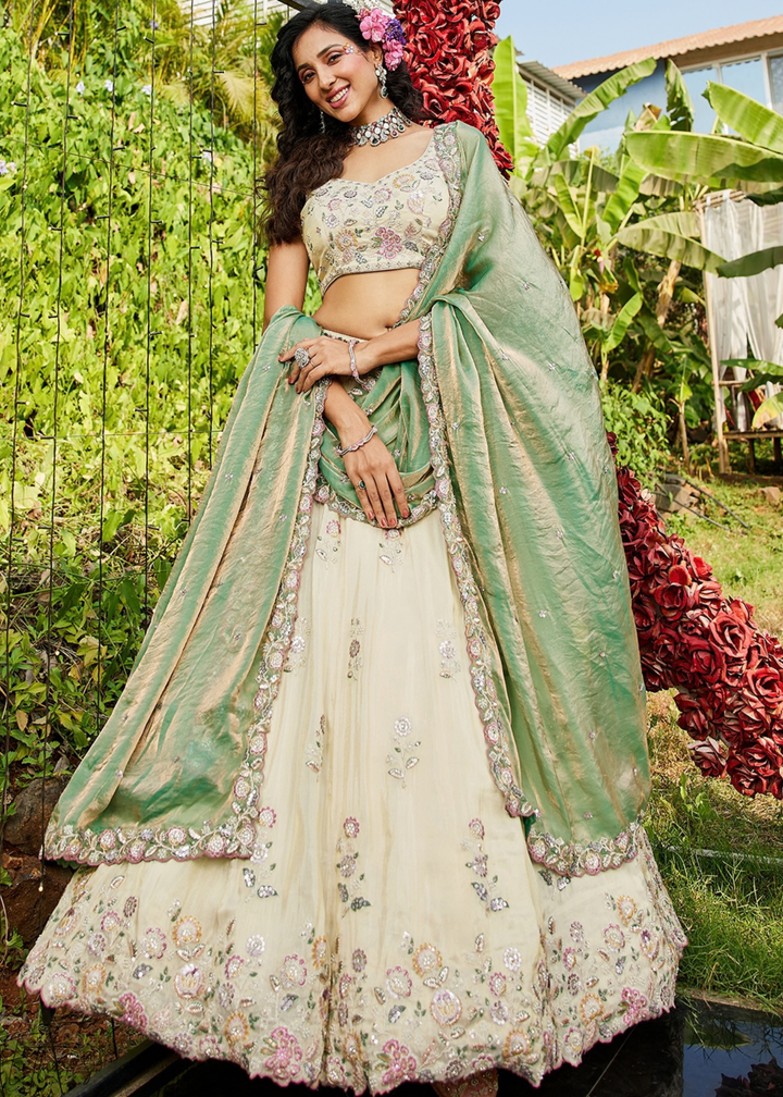 Alabaster White and Meadow Jade Artisan Flora Medallion Tissue Lehenga