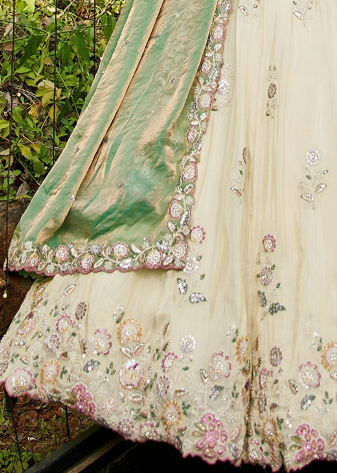 Alabaster White and Meadow Jade Artisan Flora Medallion Tissue Lehenga