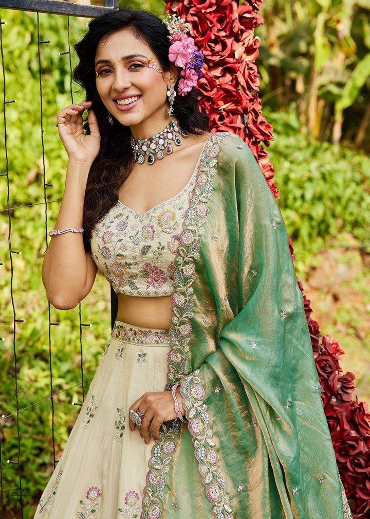 Alabaster White and Meadow Jade Artisan Flora Medallion Tissue Lehenga