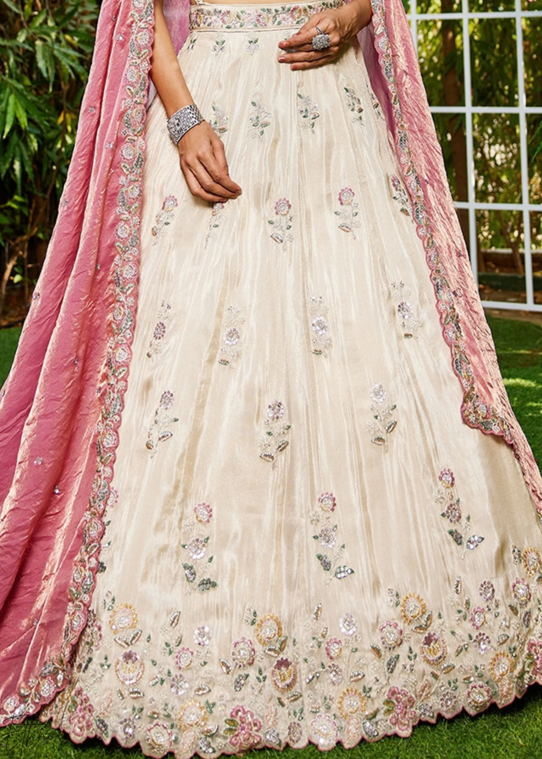 Alabaster White and Muted Plum Artisan Flora Medallion Tissue Lehenga