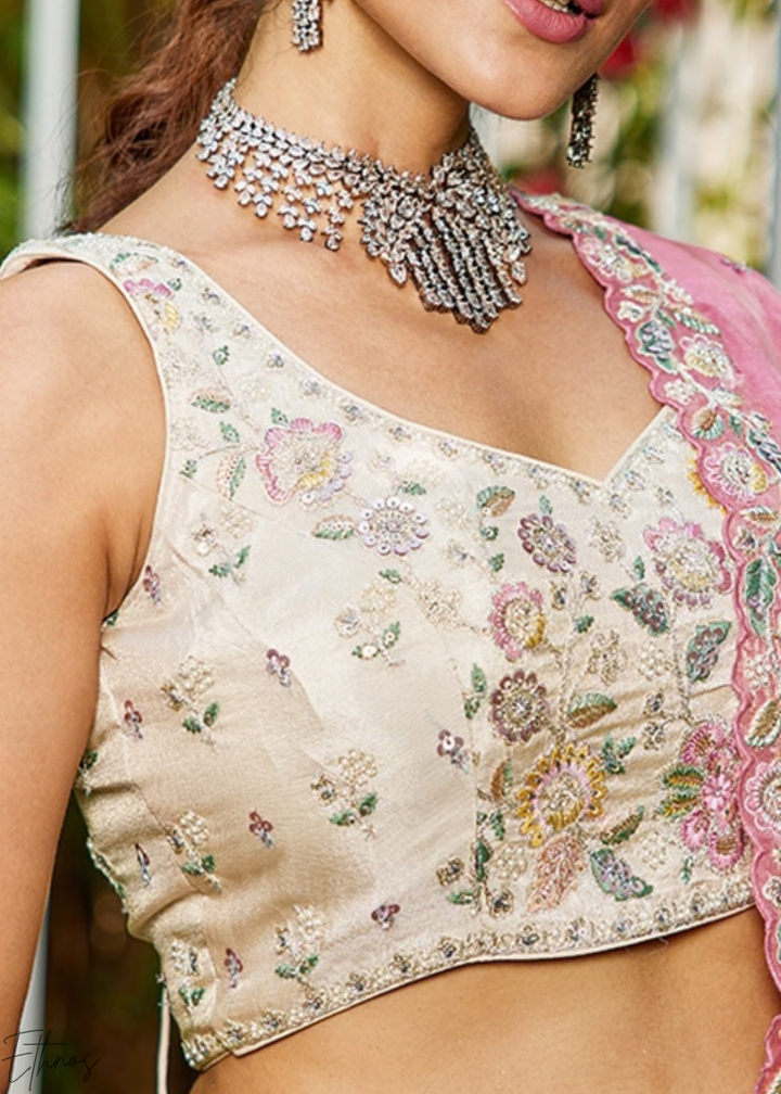 Alabaster White and Muted Plum Artisan Flora Medallion Tissue Lehenga