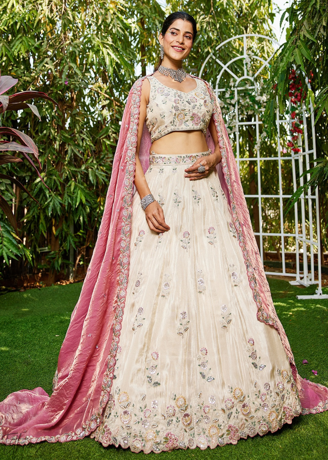 Alabaster White and Muted Plum Artisan Flora Medallion Tissue Lehenga