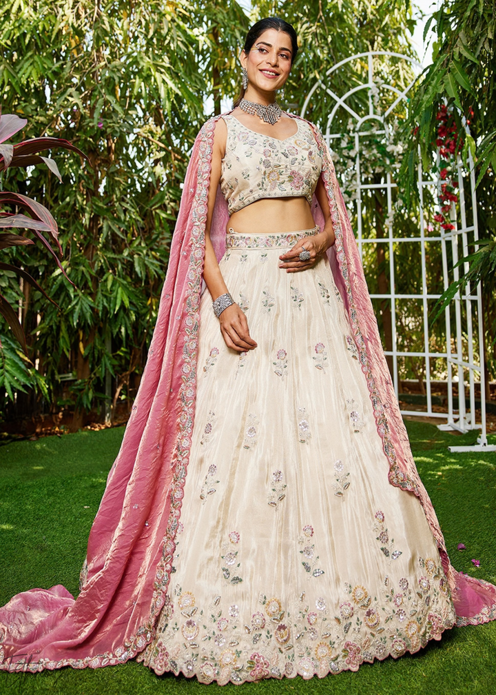 Alabaster White and Muted Plum Artisan Flora Medallion Tissue Lehenga