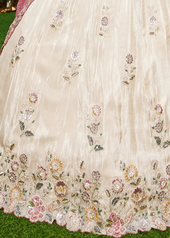 Alabaster White and Muted Plum Artisan Flora Medallion Tissue Lehenga