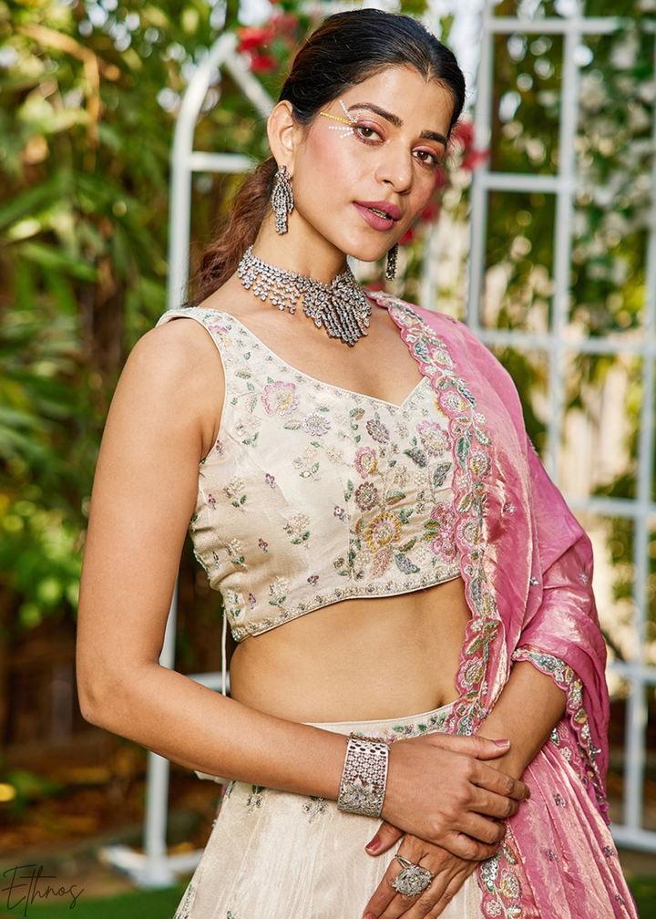 Alabaster White and Muted Plum Artisan Flora Medallion Tissue Lehenga