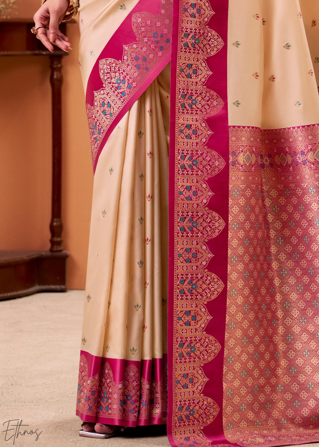 Almond Cream Satin Silk Saree