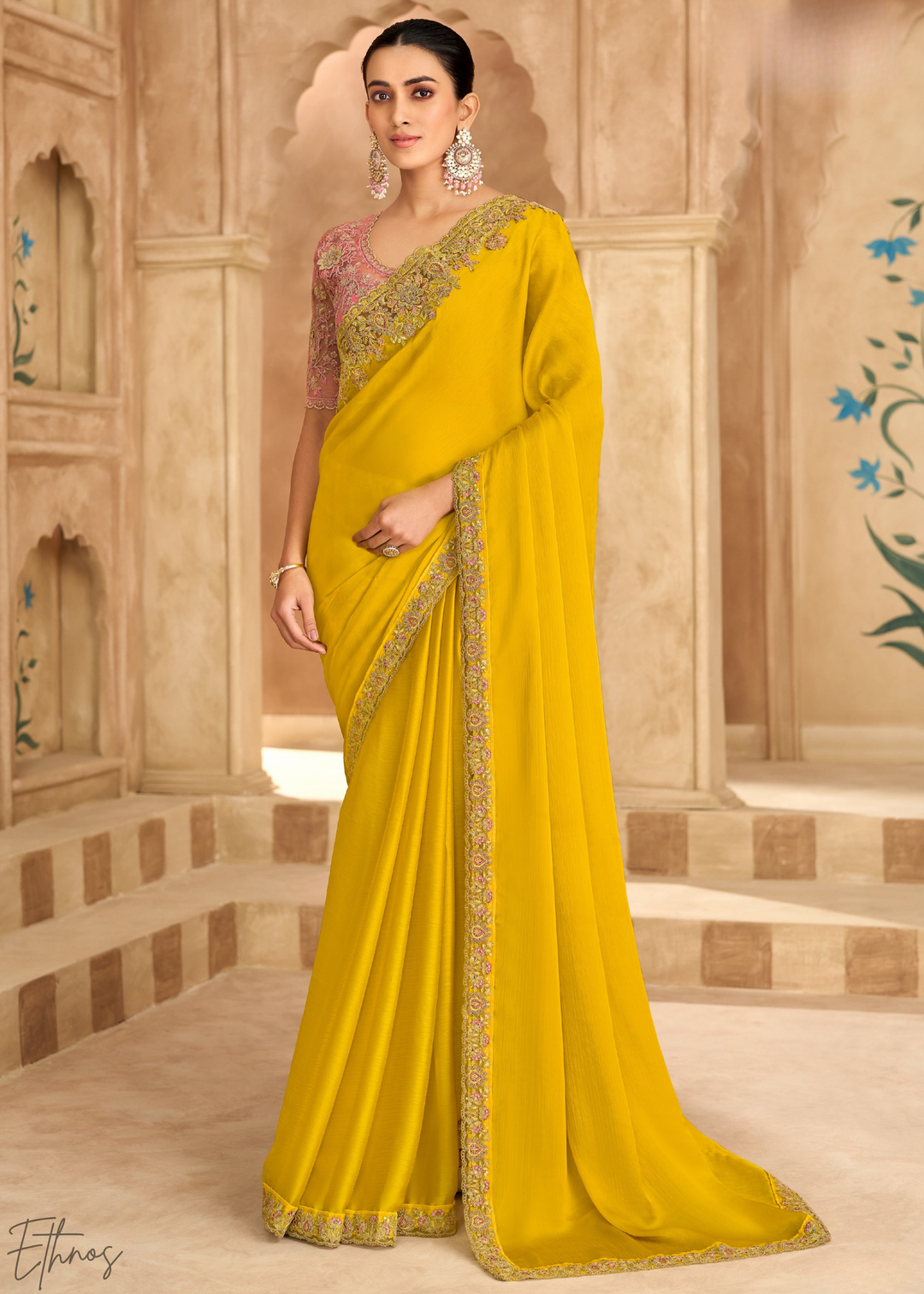 Amber Glow Detailed Border Satin Chiffon Saree