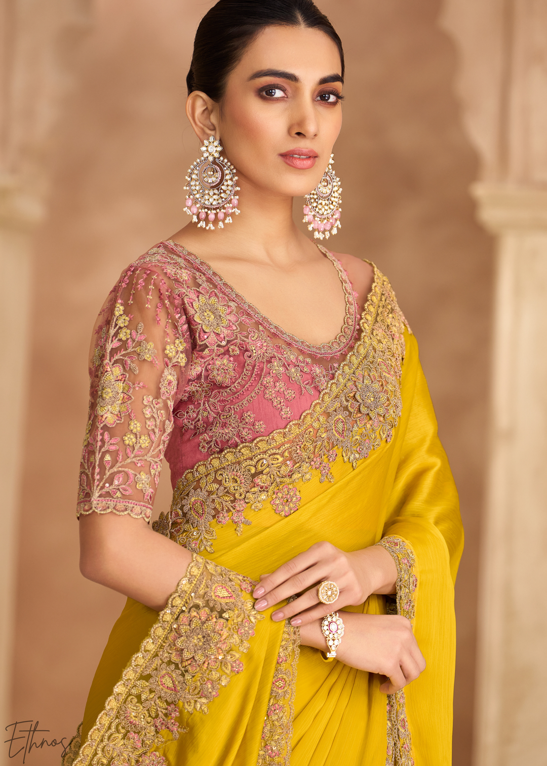 Amber Glow Detailed Border Satin Chiffon Saree