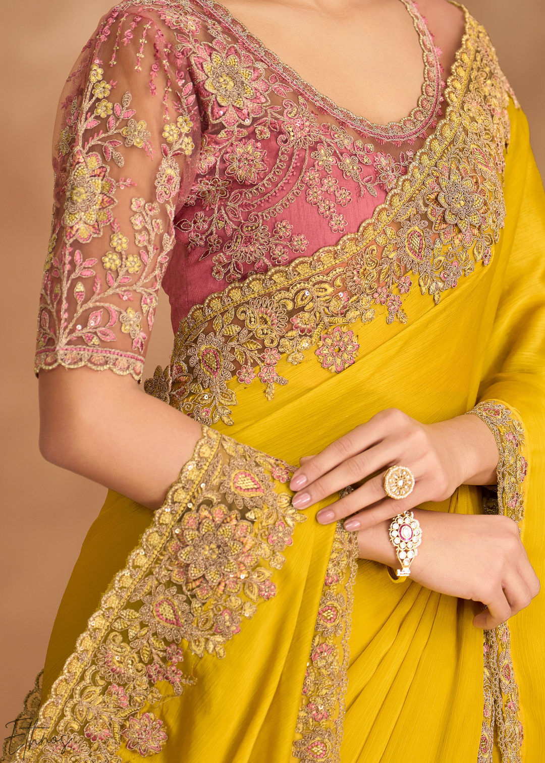 Amber Glow Detailed Border Satin Chiffon Saree
