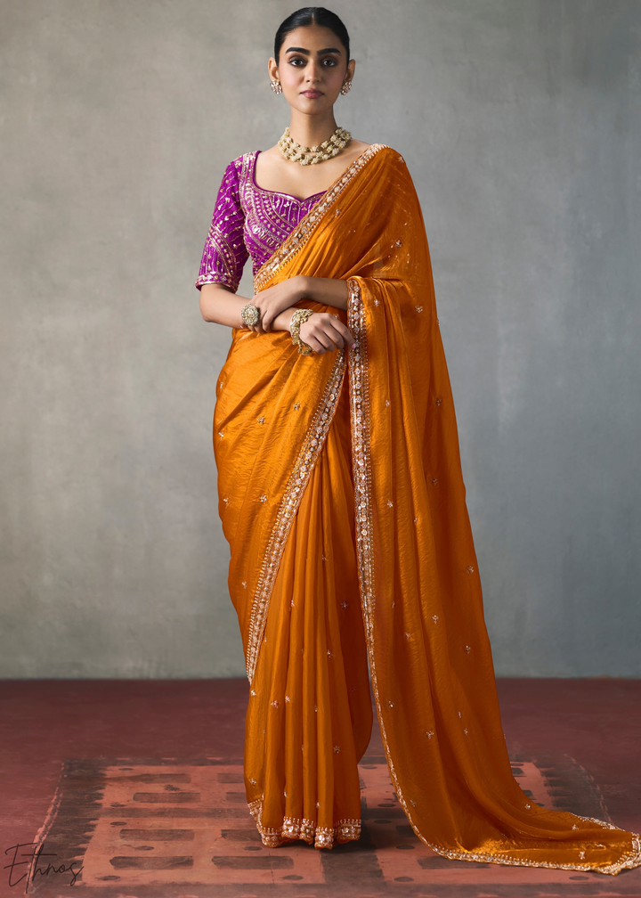 Amber Floral Scallop Beaded Border Silk Saree