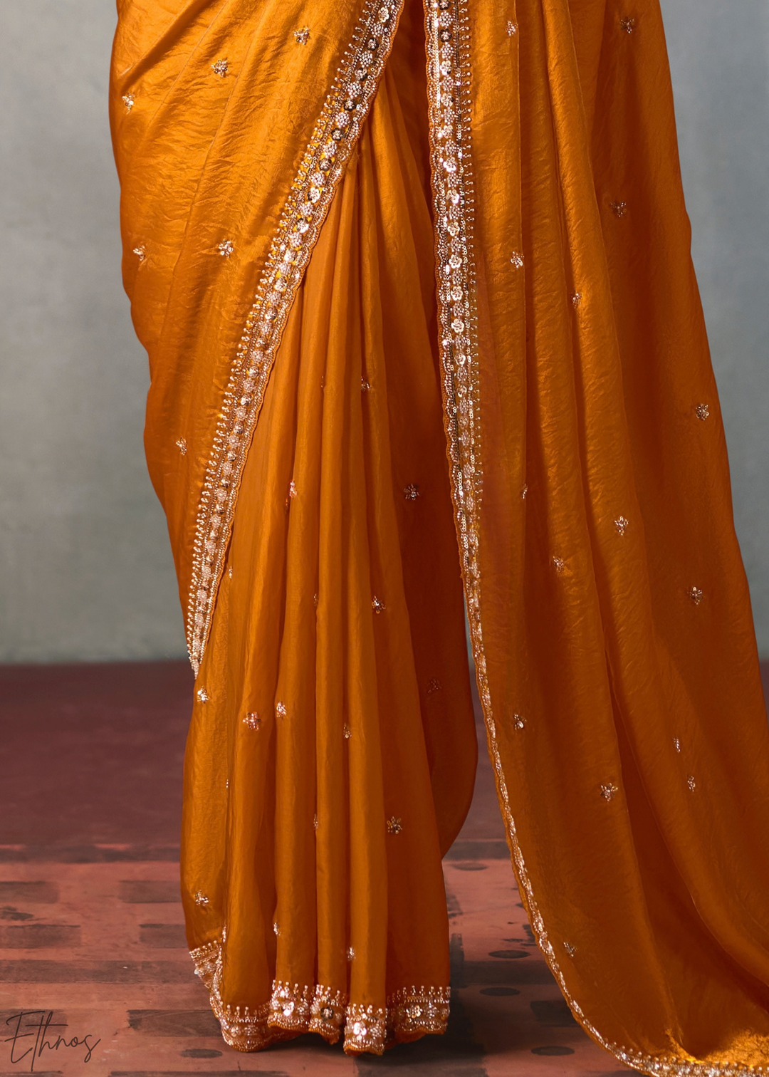 Amber Floral Scallop Beaded Border Silk Saree