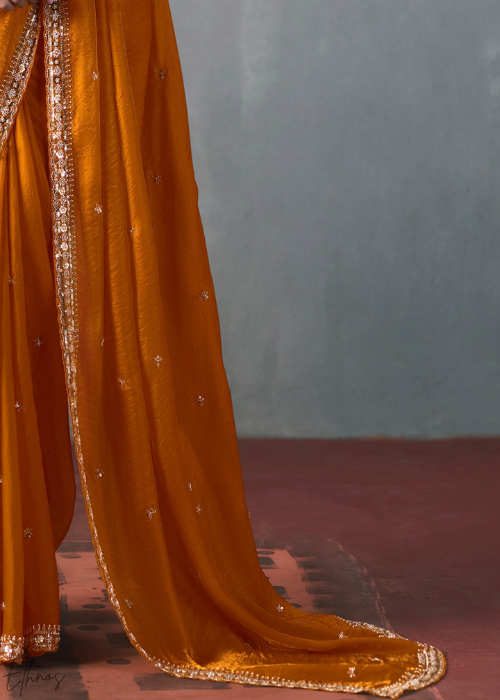 Amber Floral Scallop Beaded Border Silk Saree
