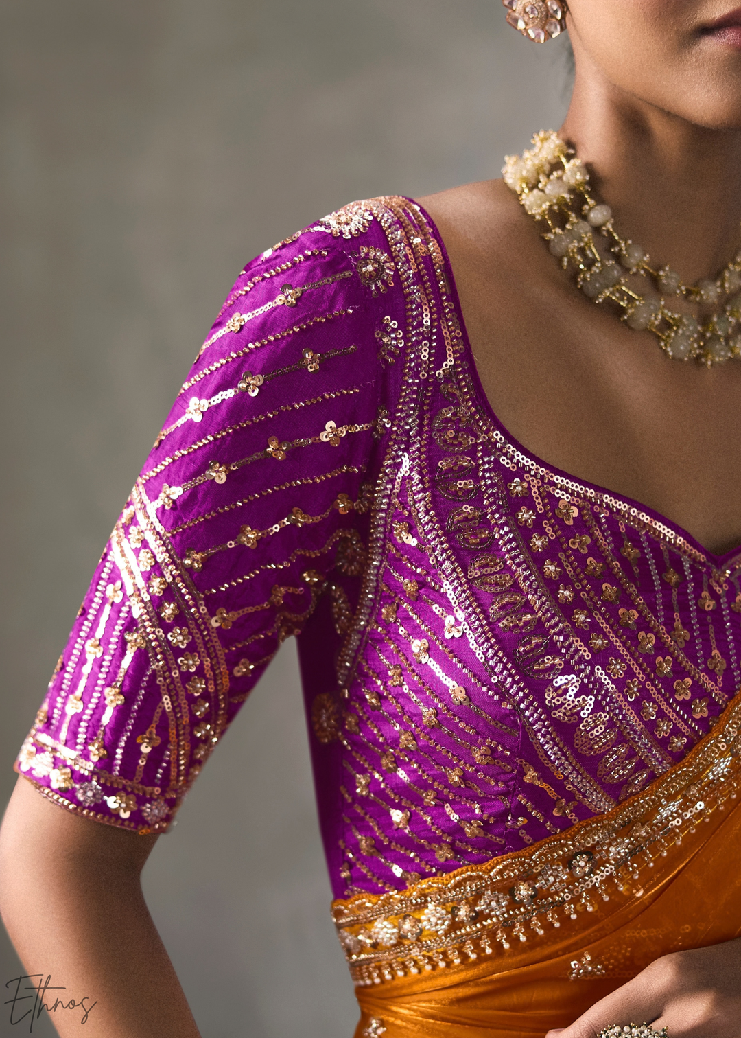 Amber Floral Scallop Beaded Border Silk Saree
