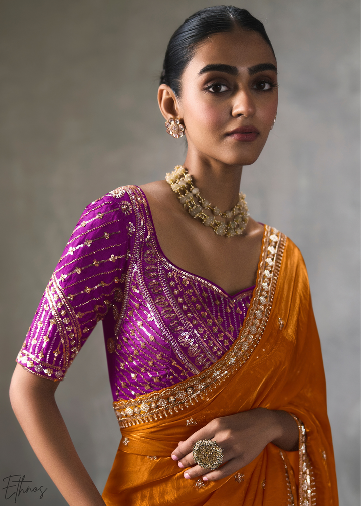 Amber Floral Scallop Beaded Border Silk Saree