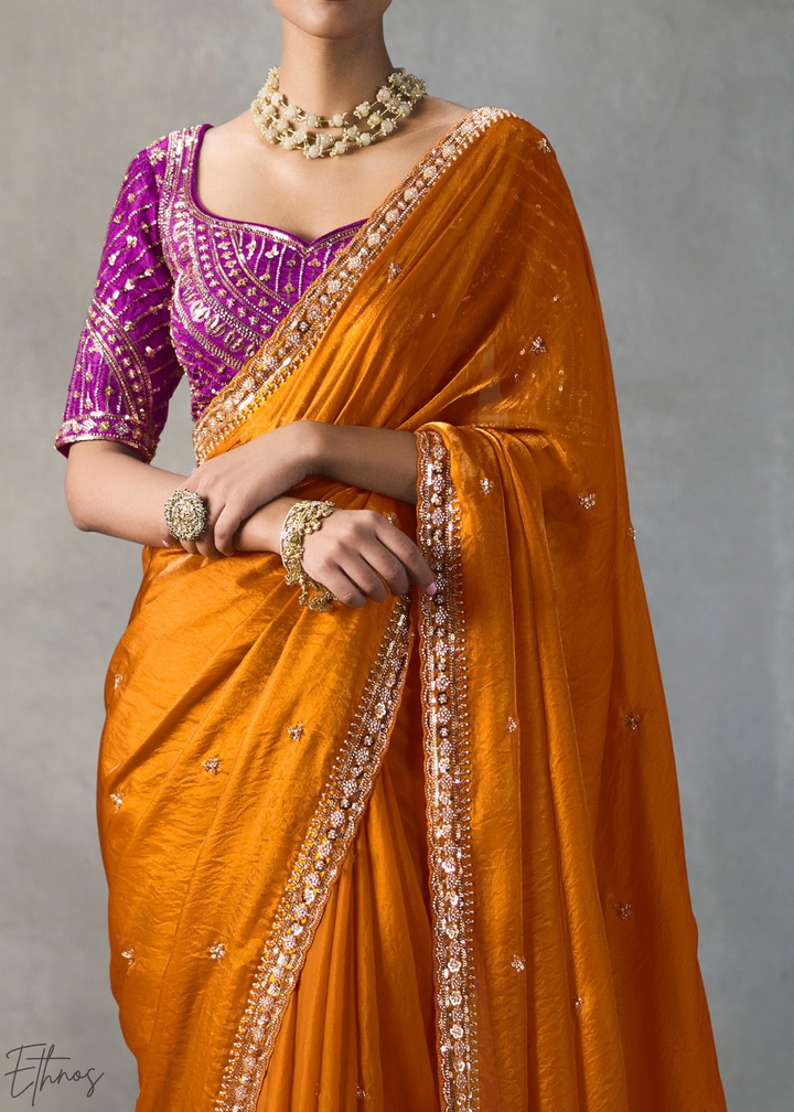 Amber Floral Scallop Beaded Border Silk Saree