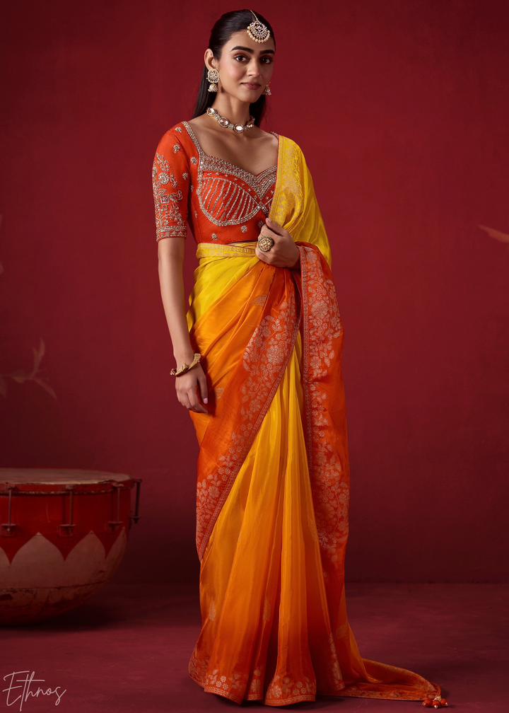 Amber Textured Chevron Ombre Dola Silk Saree