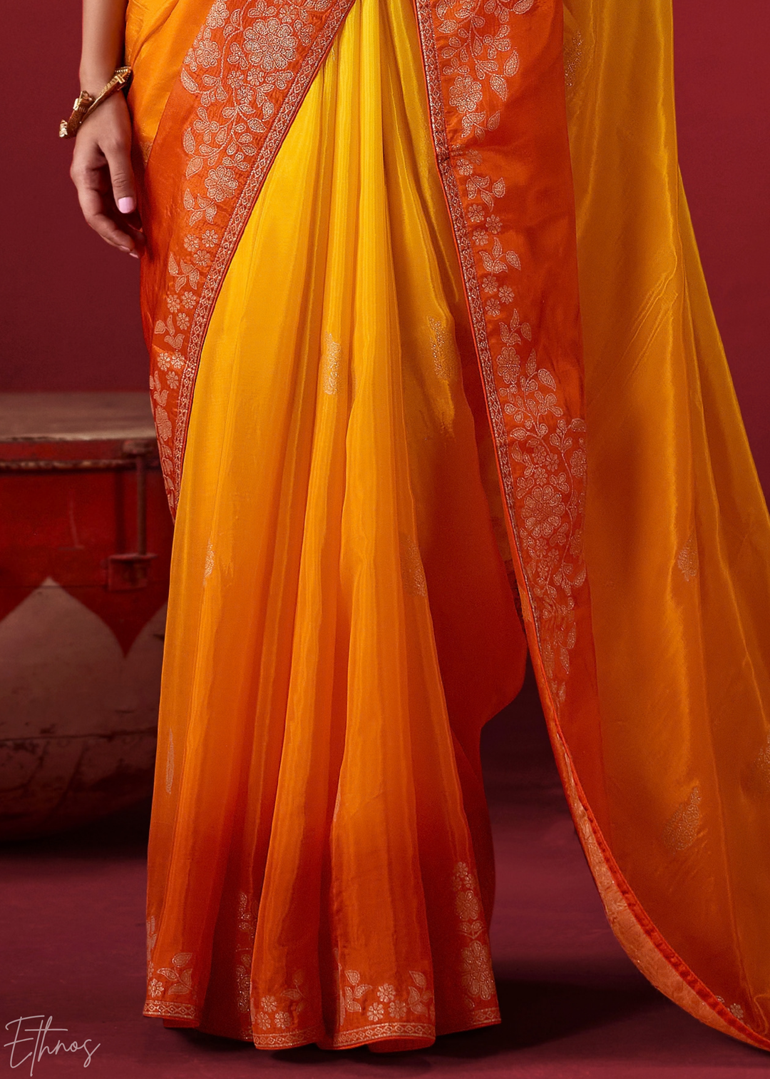 Amber Textured Chevron Ombre Dola Silk Saree