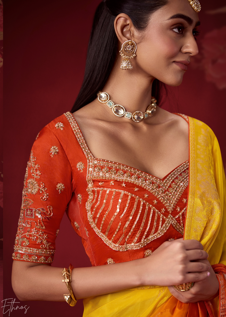 Amber Textured Chevron Ombre Dola Silk Saree