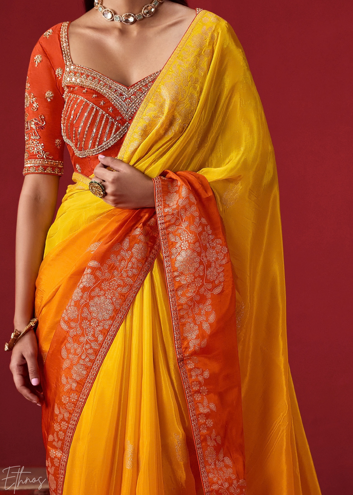 Amber Textured Chevron Ombre Dola Silk Saree