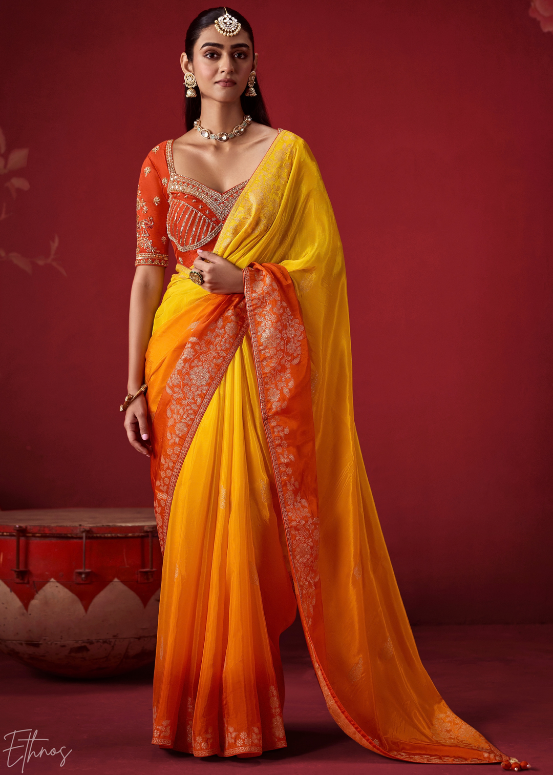 Amber Textured Chevron Ombre Dola Silk Saree
