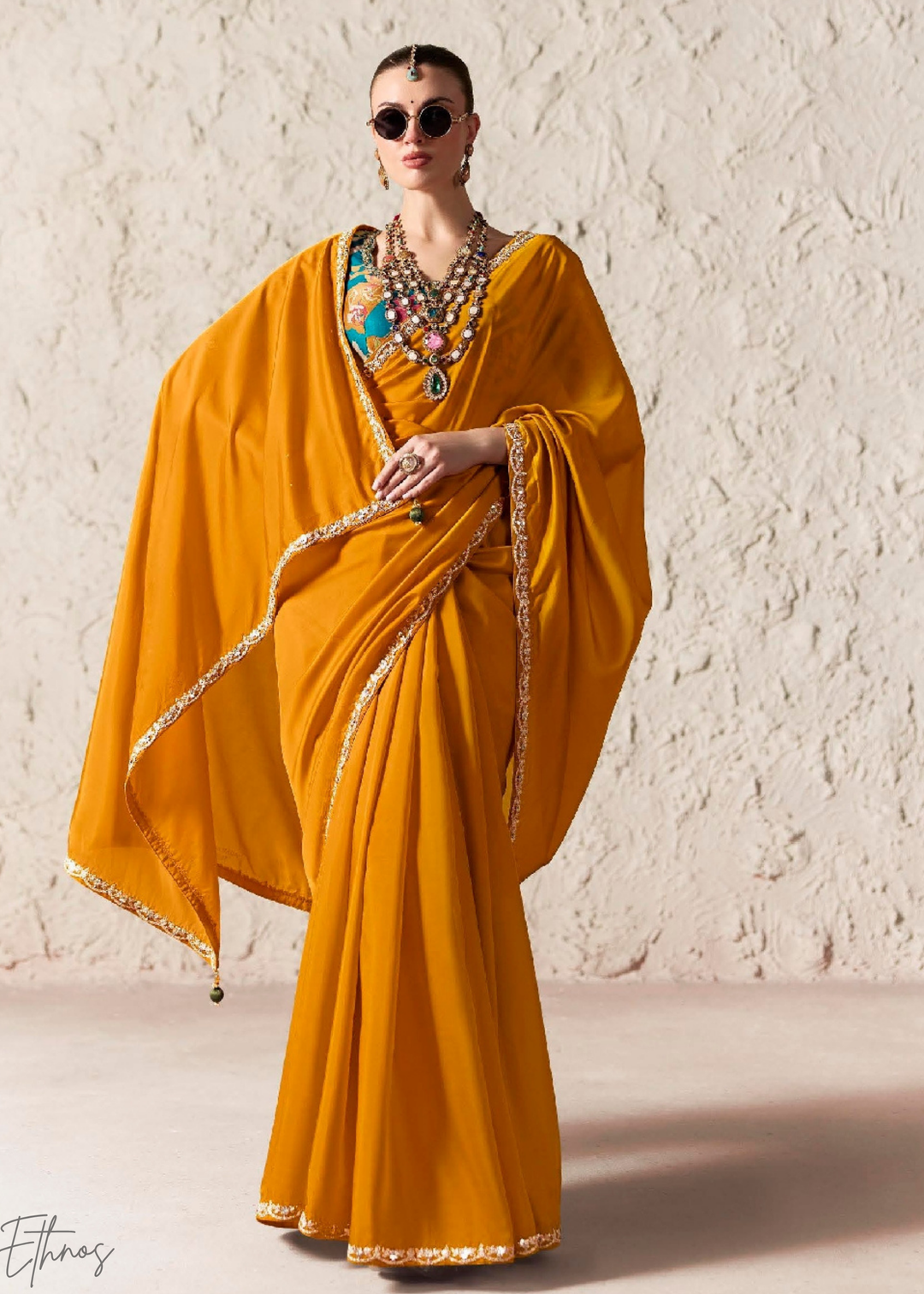 Amber Yellow Embroidered Glass Tissue Designer Saree