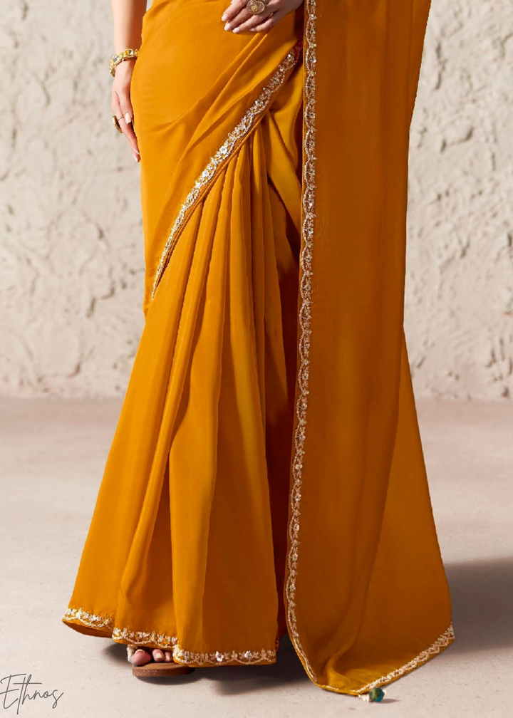 Amber Yellow Embroidered Glass Tissue Designer Saree