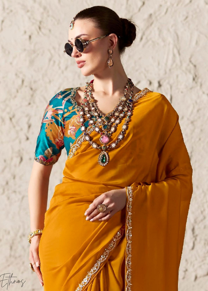 Amber Yellow Embroidered Glass Tissue Designer Saree