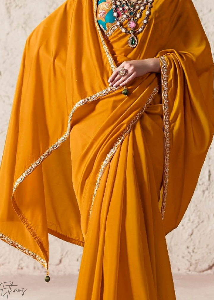Amber Yellow Embroidered Glass Tissue Designer Saree