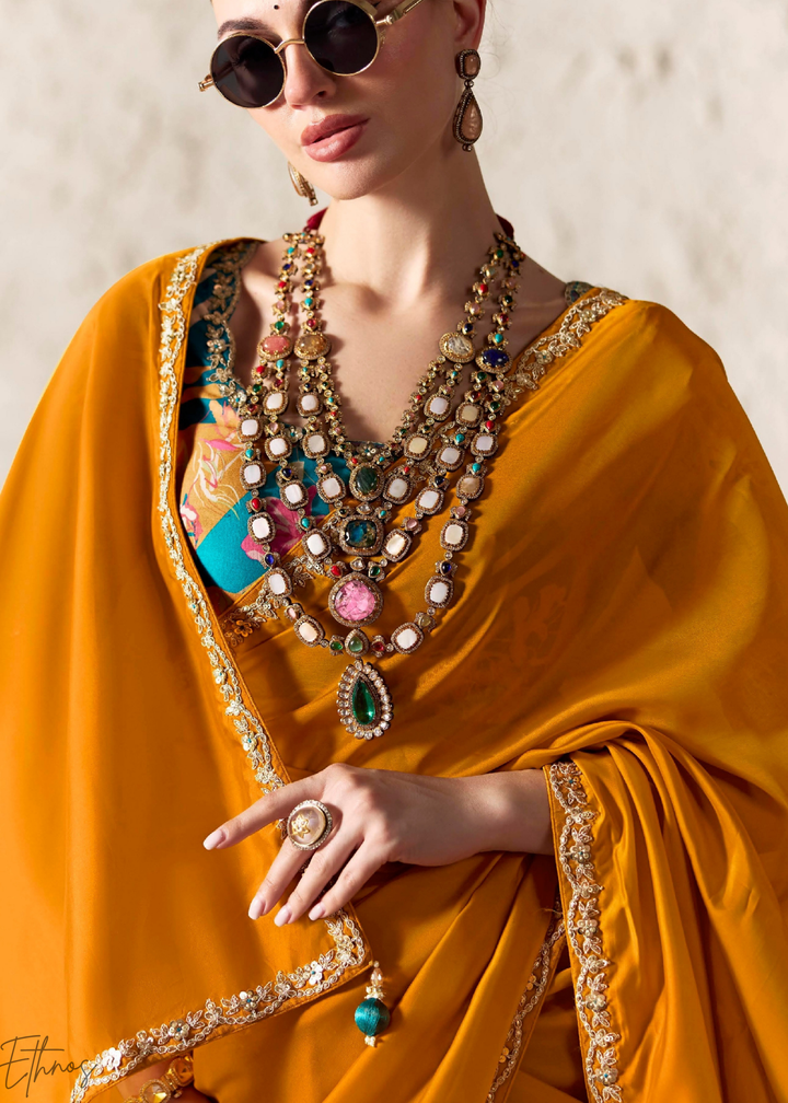 Amber Yellow Embroidered Glass Tissue Designer Saree