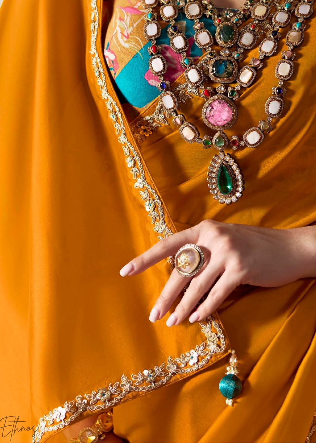 Amber Yellow Embroidered Glass Tissue Designer Saree