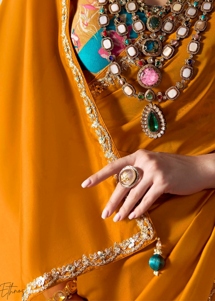 Amber Yellow Embroidered Glass Tissue Designer Saree