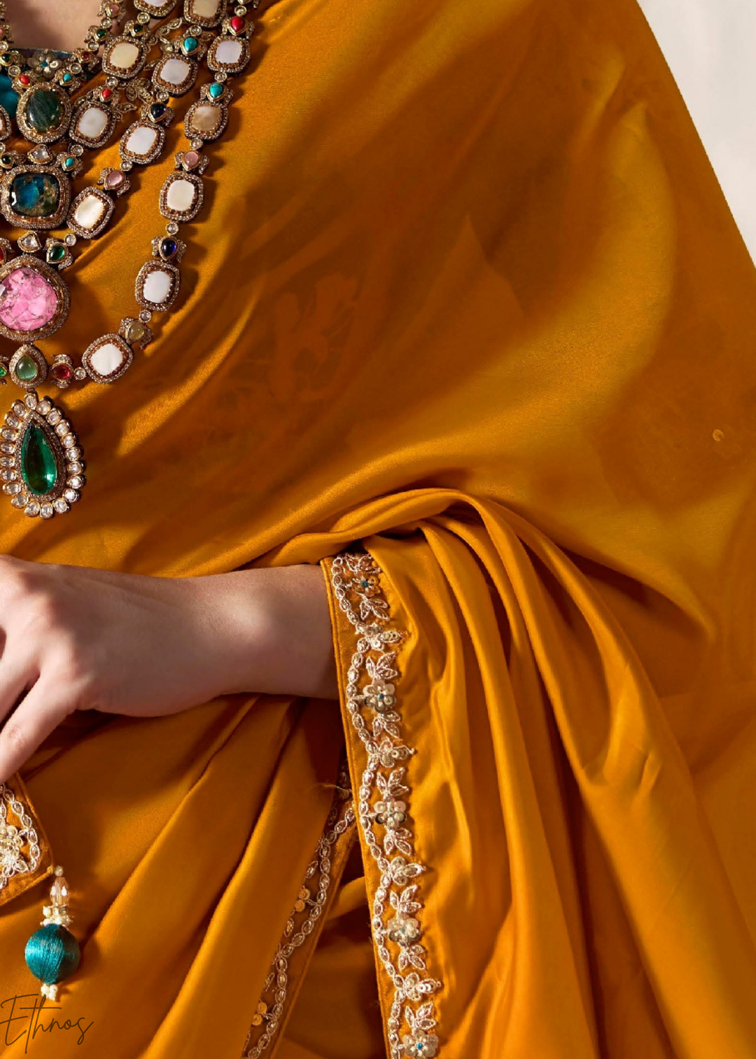 Amber Yellow Embroidered Glass Tissue Designer Saree