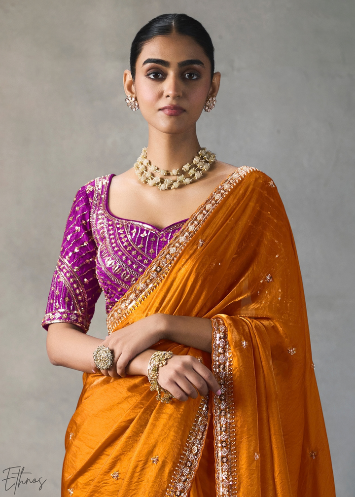 Amber Floral Scallop Beaded Border Silk Saree