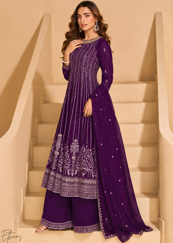 Royal Purple Linear-Embroidered Georgette Palazzo Suit