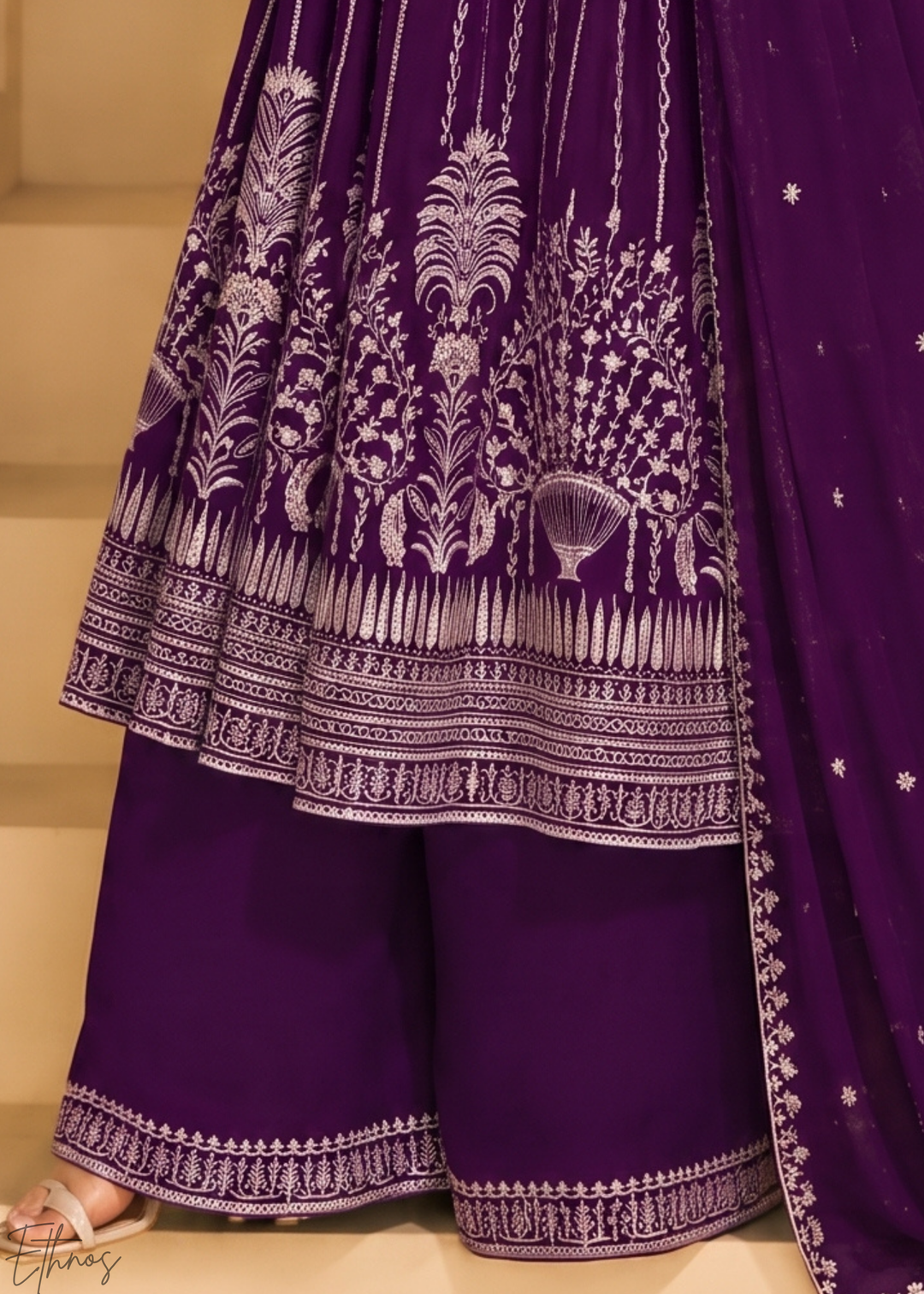 Royal Purple Linear-Embroidered Georgette Palazzo Suit