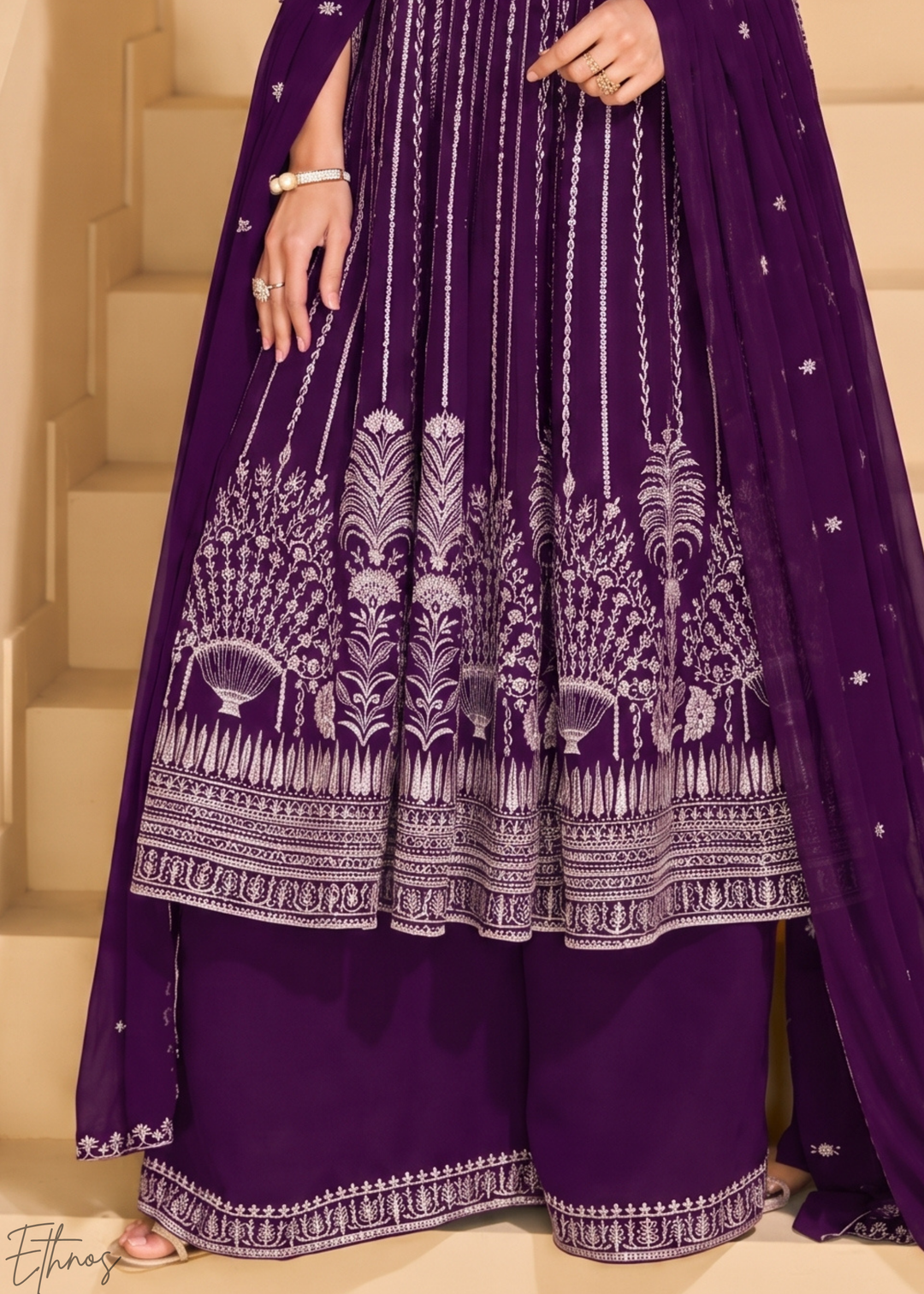 Royal Purple Linear-Embroidered Georgette Palazzo Suit
